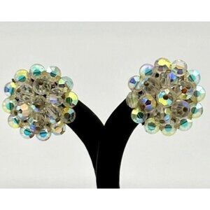 Vintage Faceted Rondelle & Round Crystal Aurora Borealis Large Clip-On Earrings